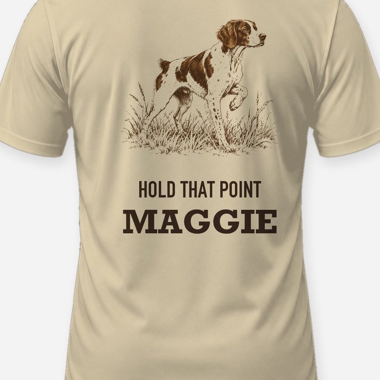 Custom Dog Name Hold That Point Brittany Woodcut Shirt - print close-up