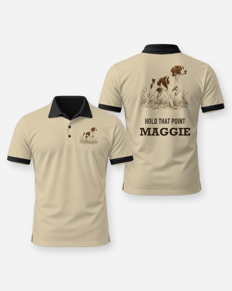 Custom Dog Name Hold That Point Brittany Woodcut Shirt - Polo