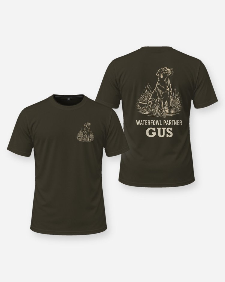 Custom Dog Name Waterfowl Partner Chocolate Lab Woodcut Shirt - front and back