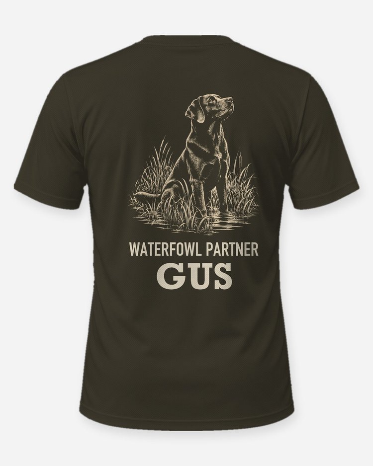Custom Dog Name Waterfowl Partner Chocolate Lab Woodcut Shirt - back
