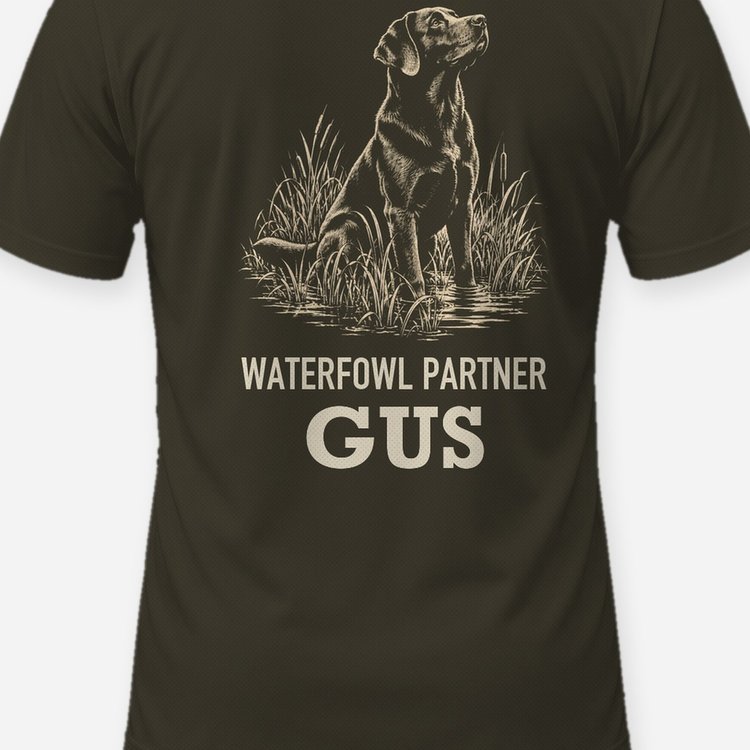 Custom Dog Name Waterfowl Partner Chocolate Lab Woodcut Shirt - print close-up