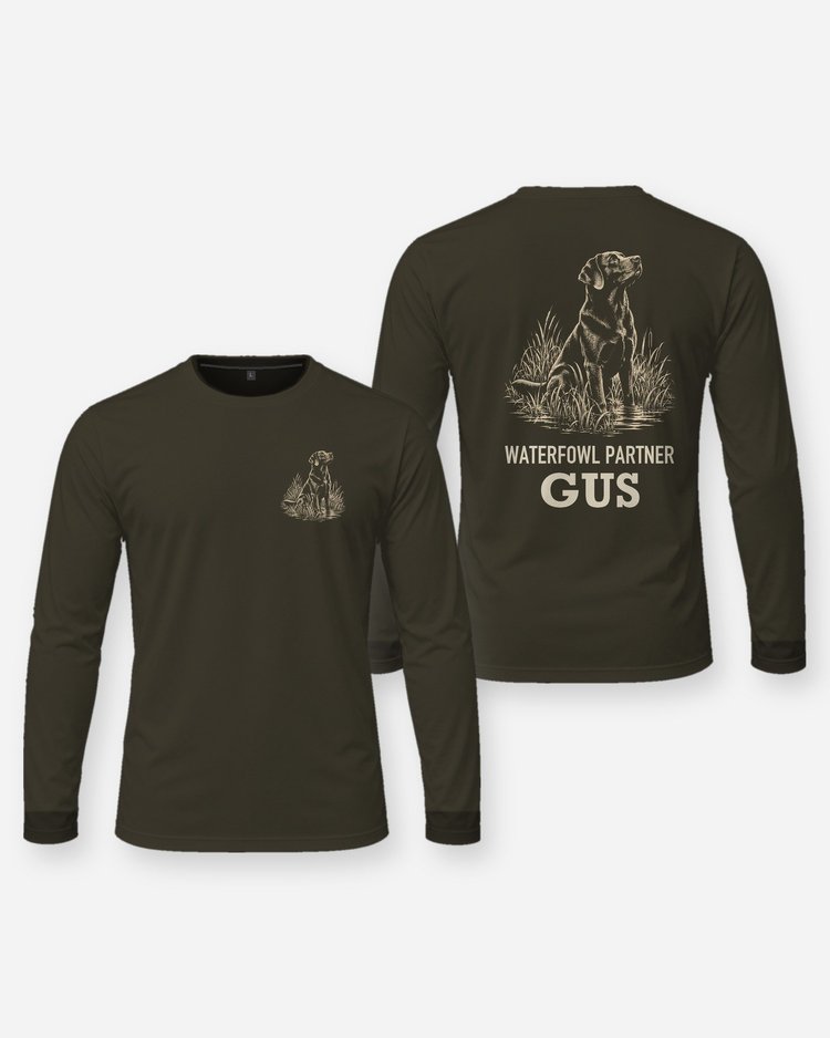 Custom Dog Name Waterfowl Partner Chocolate Lab Woodcut Shirt - Long Sleeve