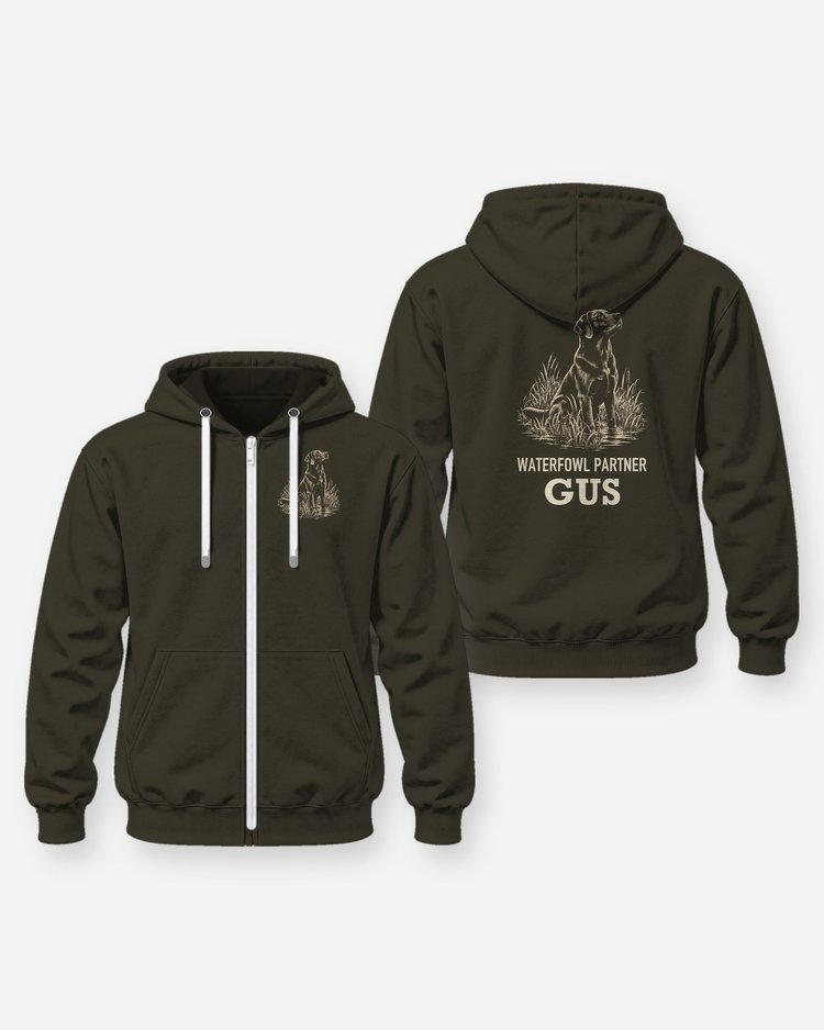 Custom Dog Name Waterfowl Partner Chocolate Lab Woodcut Shirt - Zip Hoodie