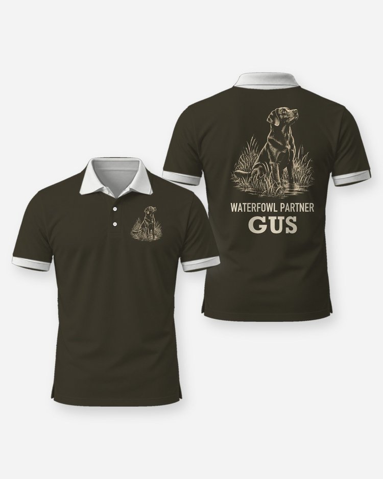 Custom Dog Name Waterfowl Partner Chocolate Lab Woodcut Shirt - Polo