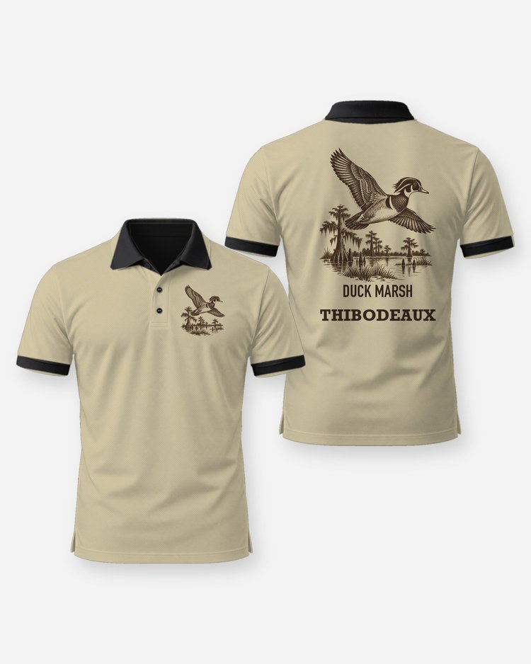 Custom Family Name Duck Marsh Wood Duck Woodcut Shirt - Polo