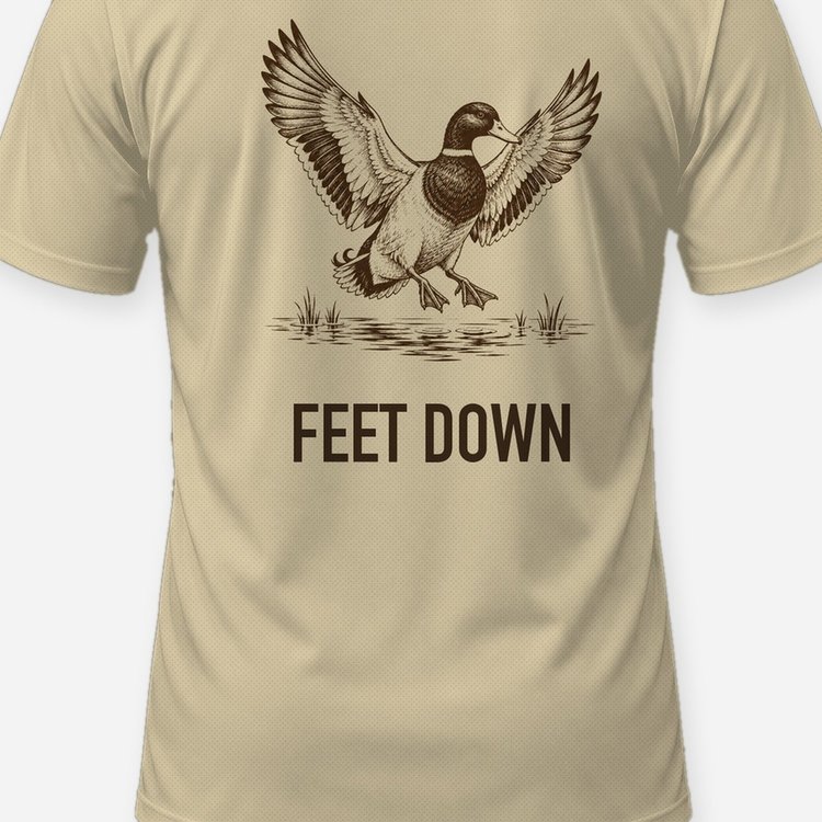 Feet Down Landing Mallard Woodcut Duck Hunting Shirt - print close-up