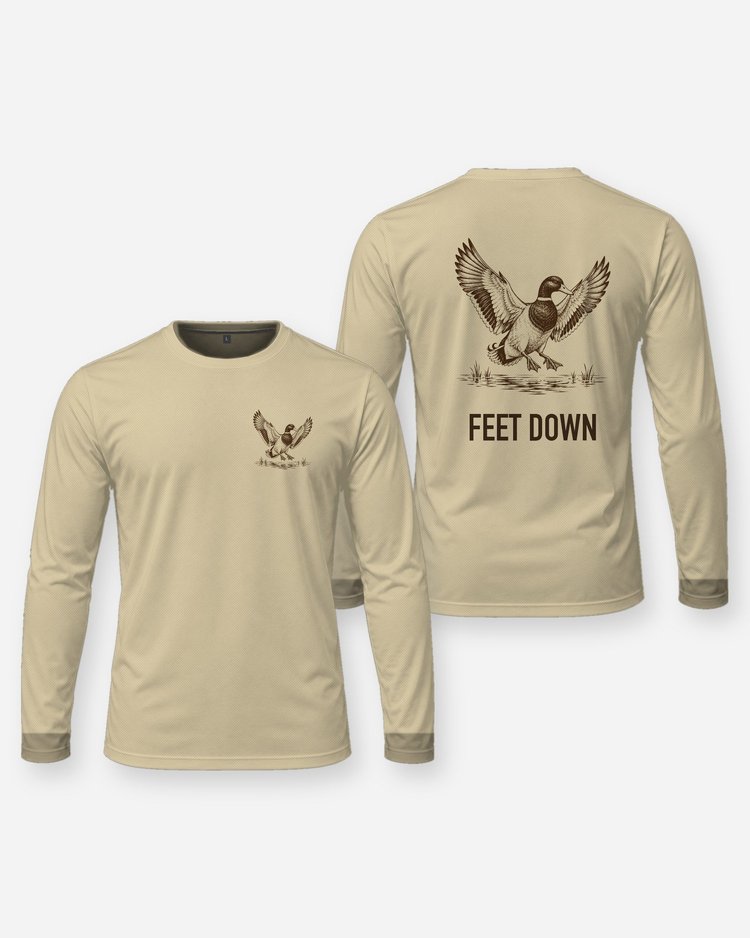 Feet Down Landing Mallard Woodcut Duck Hunting Shirt - Long Sleeve