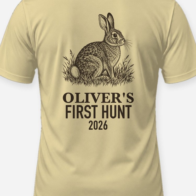 Custom Kid Name First Hunt Cottontail Rabbit Shirt - print close-up