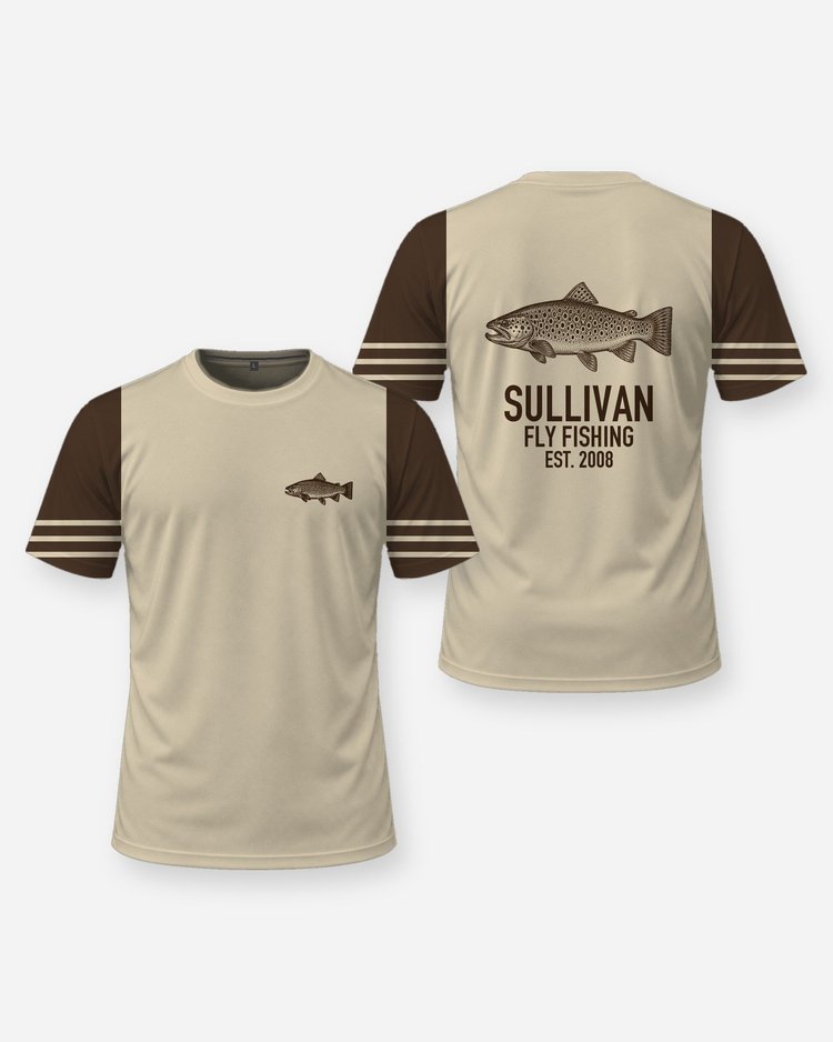 Custom Family Name Brown Trout Fly Fishing Shirt - front and back