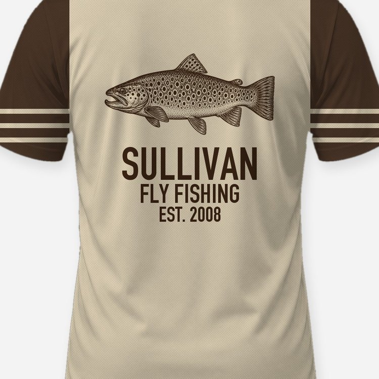 Custom Family Name Brown Trout Fly Fishing Shirt - print close-up