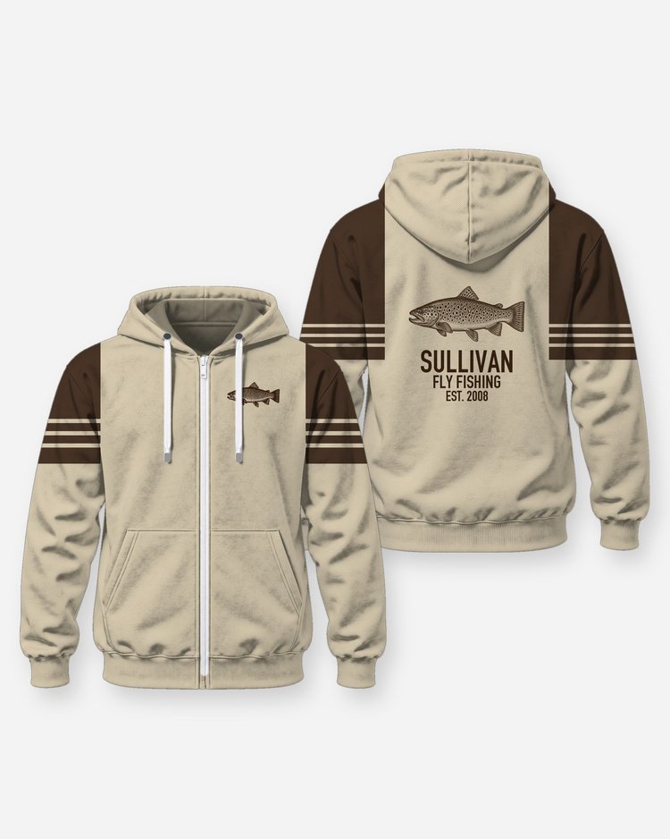 Custom Family Name Brown Trout Fly Fishing Shirt - Zip Hoodie