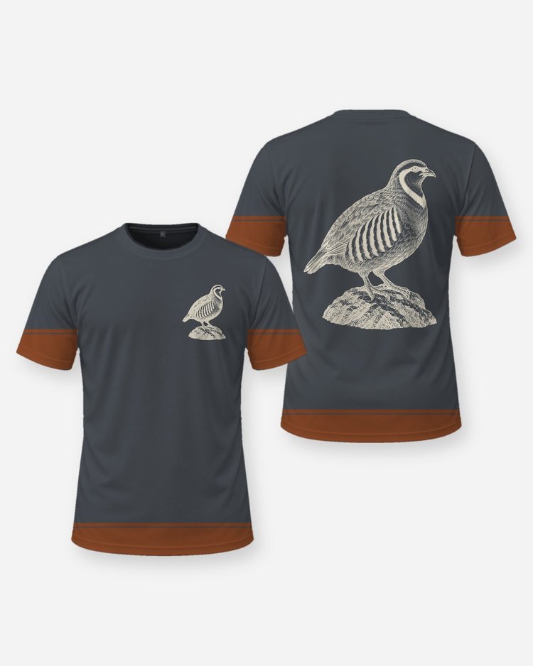 Chukar Partridge Woodcut Hem Band Upland Shirt - front and back