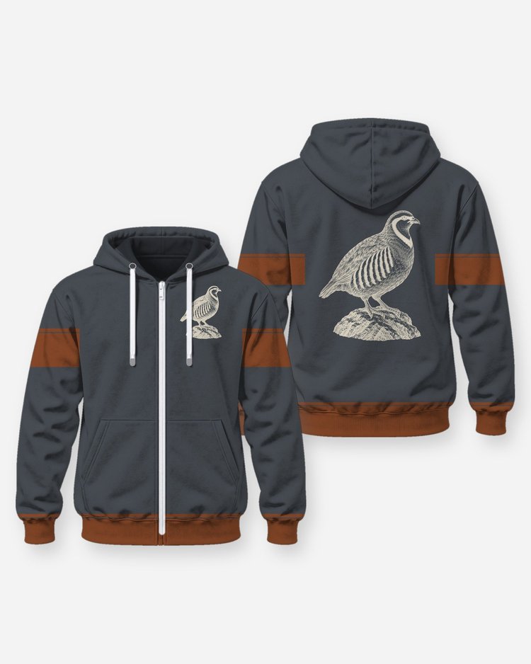 Chukar Partridge Woodcut Hem Band Upland Shirt - Zip Hoodie