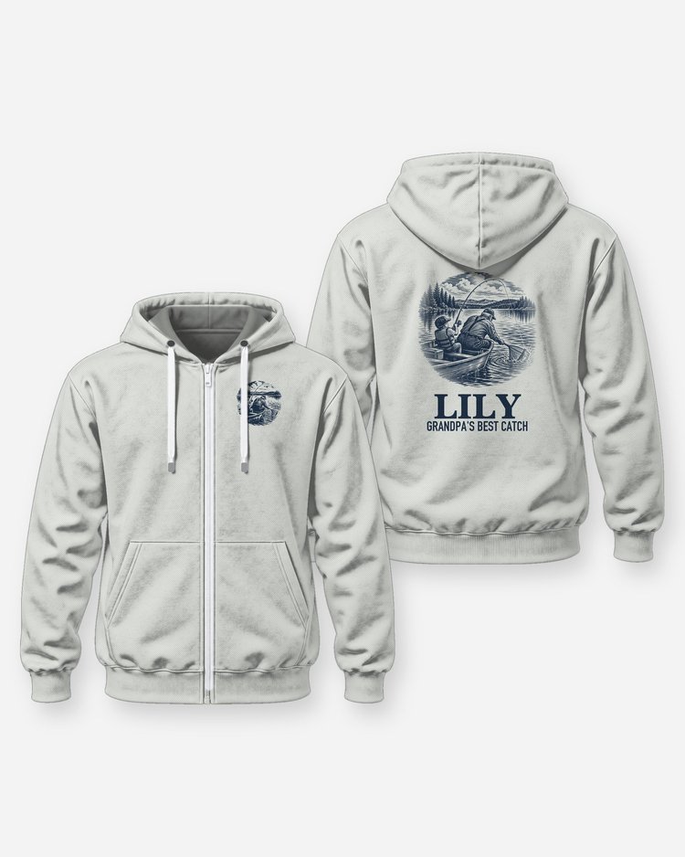 Custom Grandkid Name Grandpa's Best Catch Fishing Shirt - Zip Hoodie