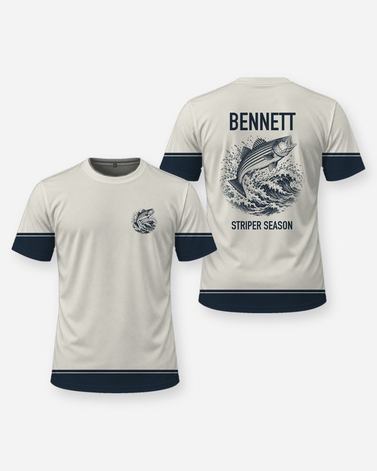 Custom Name Striper Season Surf Fishing Shirt - front and back