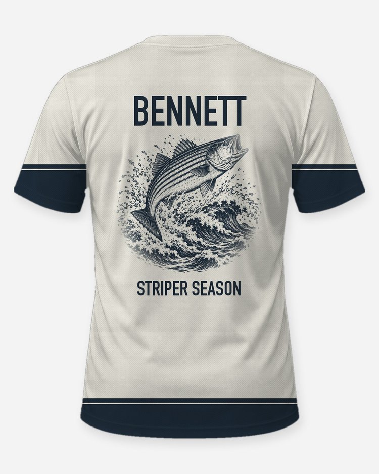 Custom Name Striper Season Surf Fishing Shirt - back