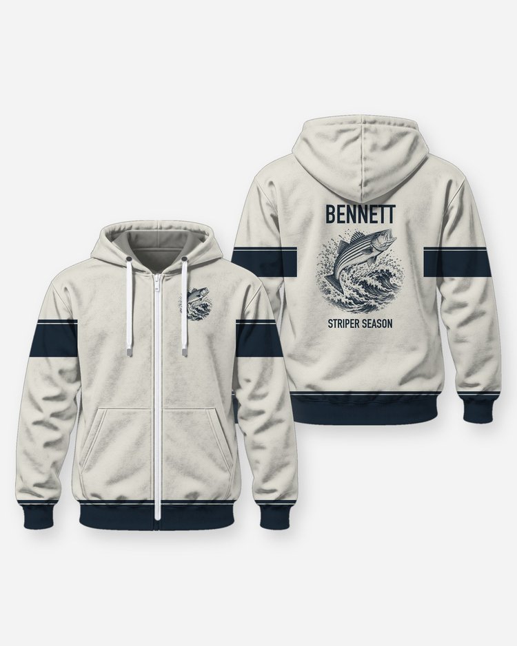 Custom Name Striper Season Surf Fishing Shirt - Zip Hoodie