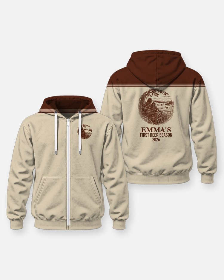 Custom Kid Name First Deer Season Dad and Daughter Sunrise Shirt - Zip Hoodie