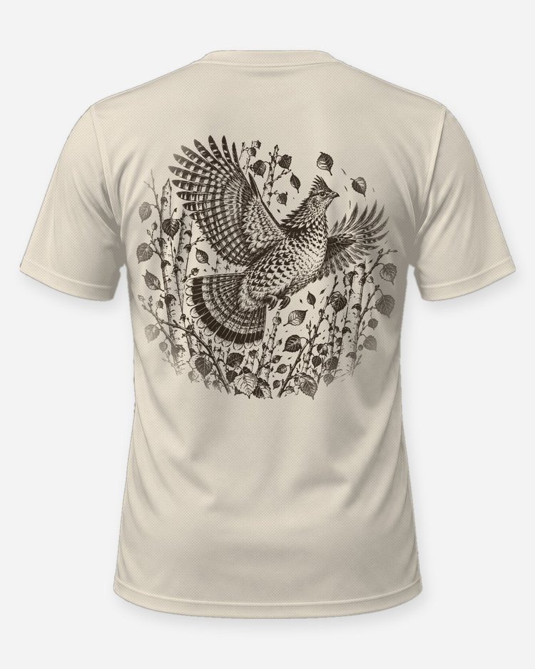 Ruffed Grouse Flush Aspen Woodcut Upland Shirt - back