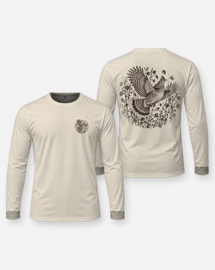 Ruffed Grouse Flush Aspen Woodcut Upland Shirt - Long Sleeve