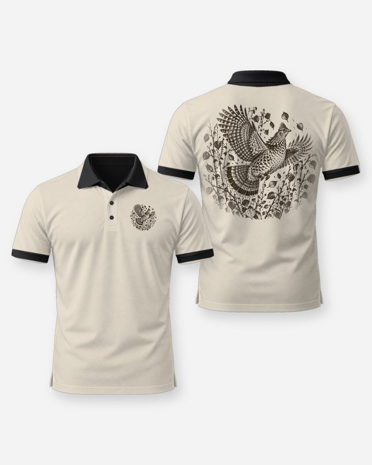 Ruffed Grouse Flush Aspen Woodcut Upland Shirt - Polo