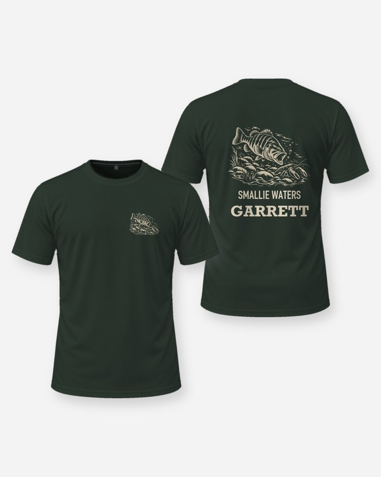 Custom Name Smallie Waters Smallmouth Bass Woodcut Shirt - front and back