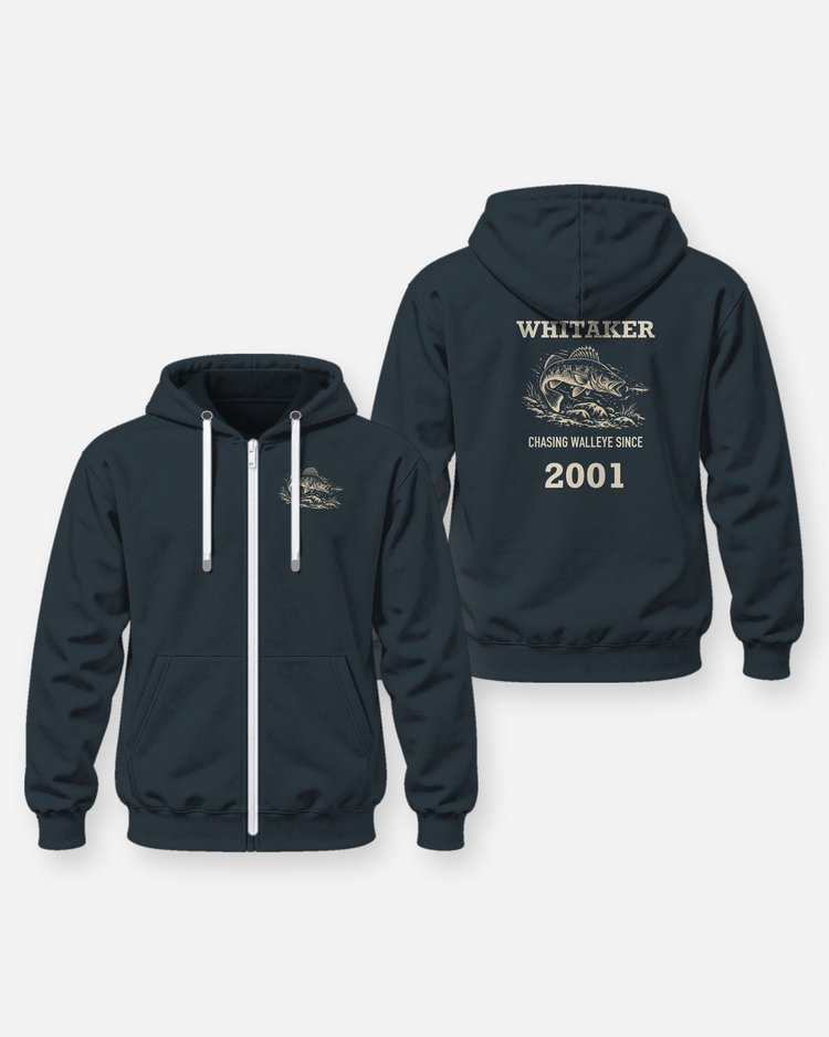 Custom Name And Year Chasing Walleye Since Woodcut Fishing Shirt - Zip Hoodie