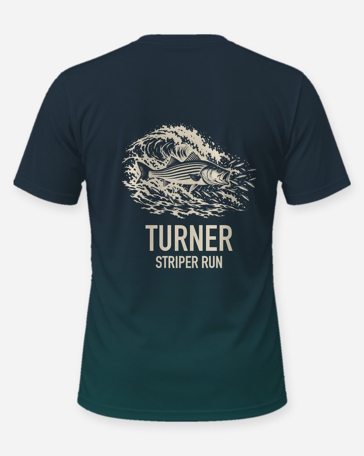 Custom Family Name Striper Run Striped Bass Surf Woodcut Shirt - back