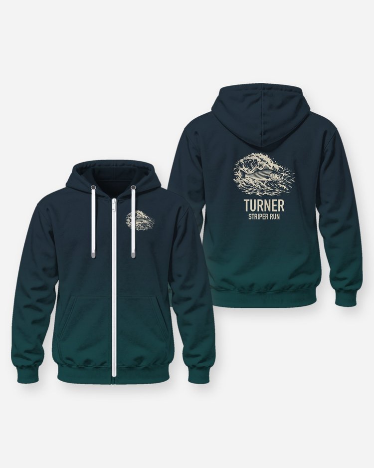 Custom Family Name Striper Run Striped Bass Surf Woodcut Shirt - Zip Hoodie
