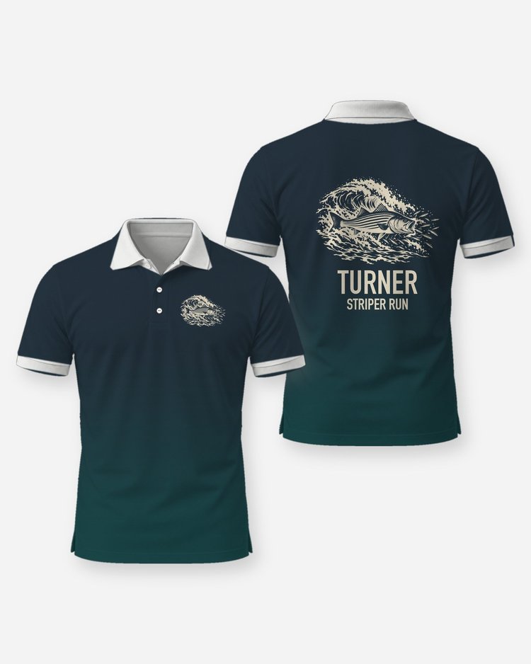 Custom Family Name Striper Run Striped Bass Surf Woodcut Shirt - Polo