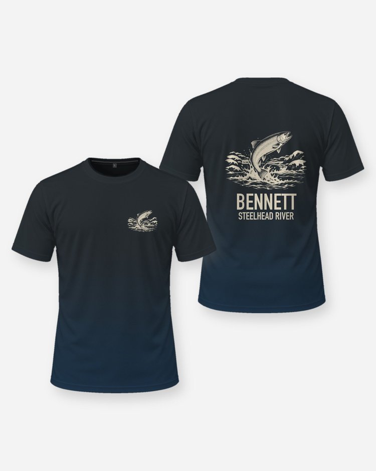 Custom Family Name Steelhead River Winter Woodcut Shirt - front and back