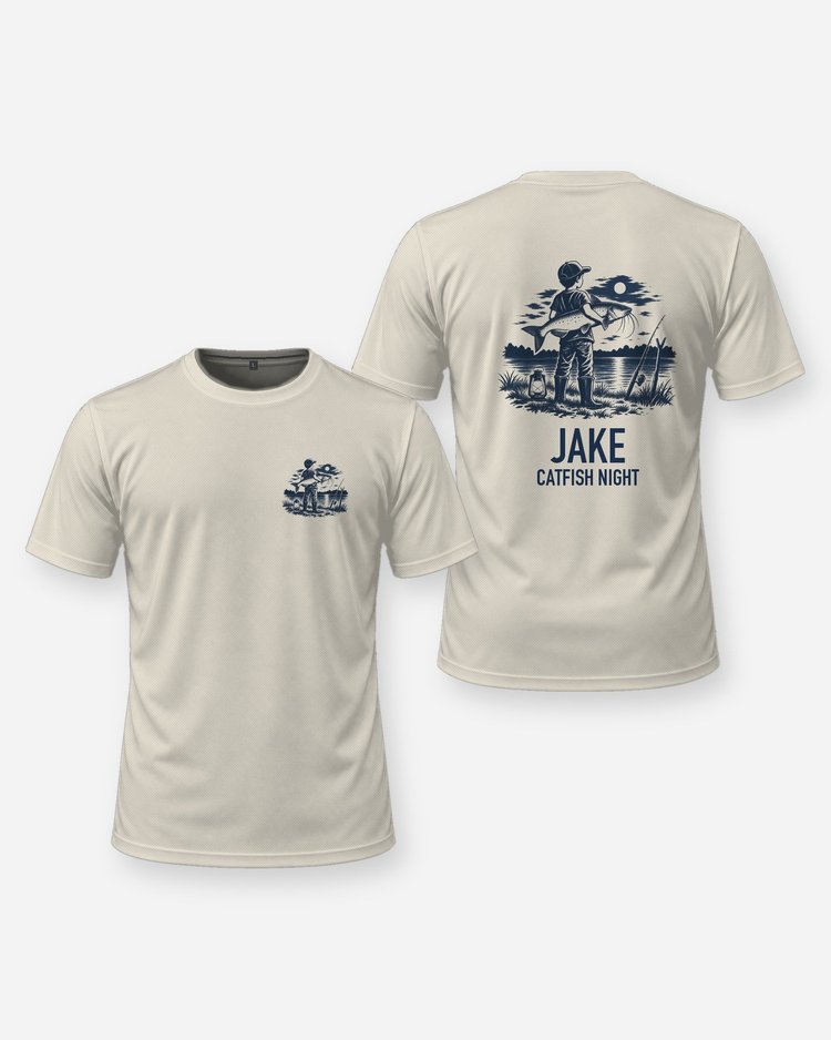 Custom Name Catfish Night Boy And Catfish Woodcut Shirt - front and back
