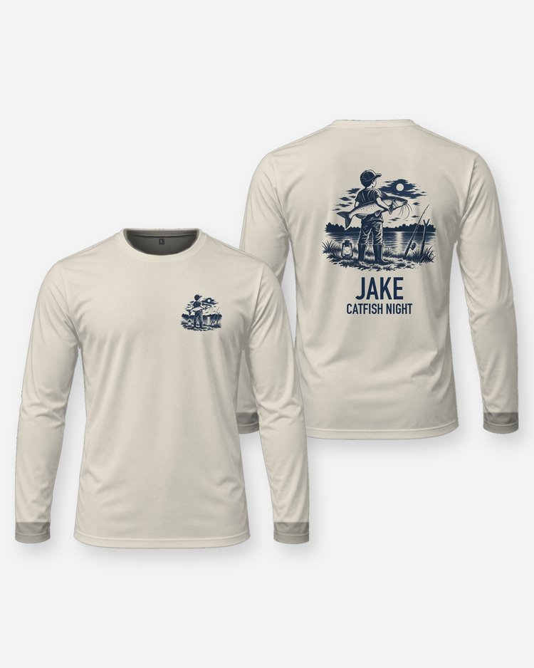 Custom Name Catfish Night Boy And Catfish Woodcut Shirt - Long Sleeve