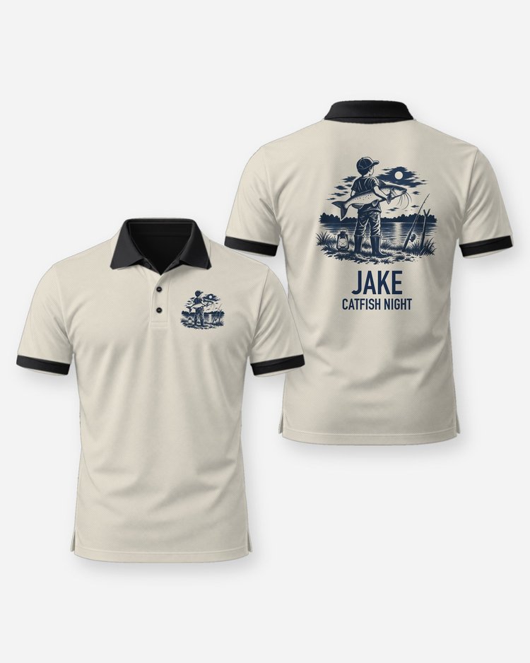 Custom Name Catfish Night Boy And Catfish Woodcut Shirt - Polo