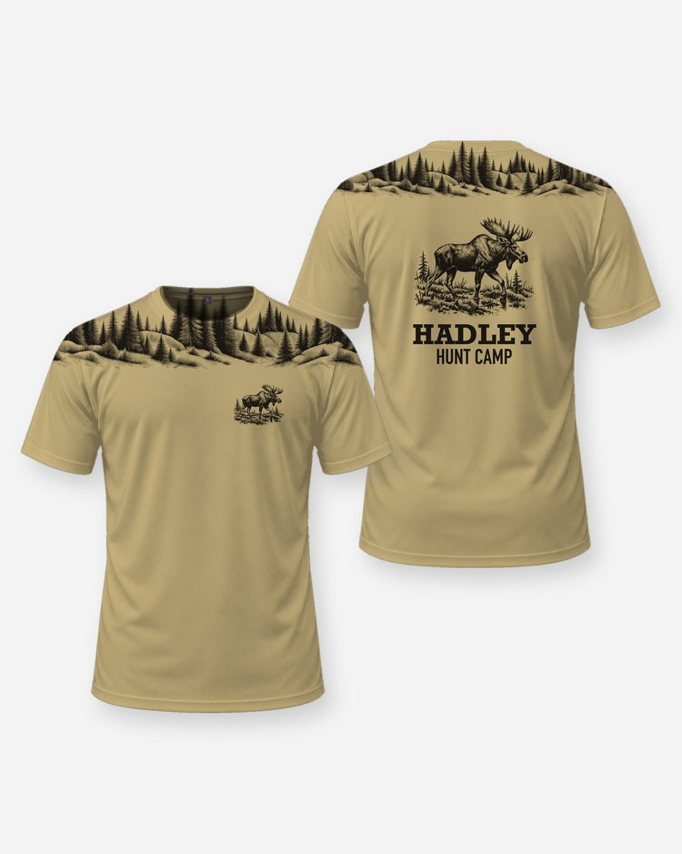 Custom Name Hunt Camp Moose Spruce Yoke Hunting Shirt - front and back