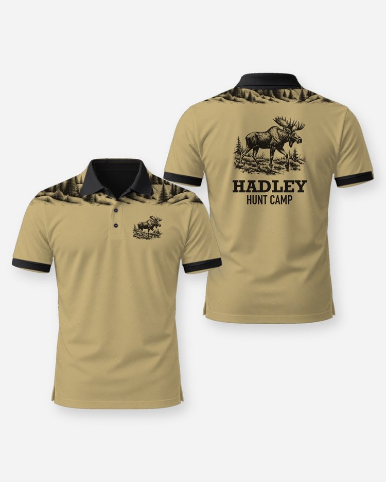 Custom Name Hunt Camp Moose Spruce Yoke Hunting Shirt - Polo