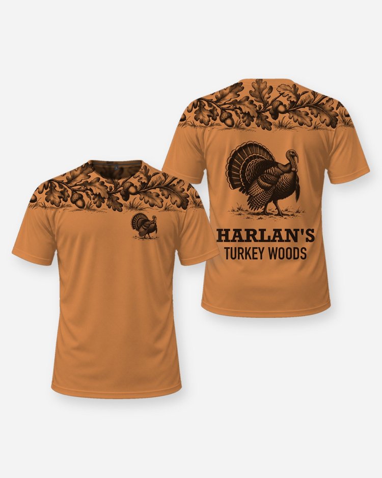 Custom Name Turkey Woods Oak Leaf Yoke Turkey Hunting Shirt - front and back