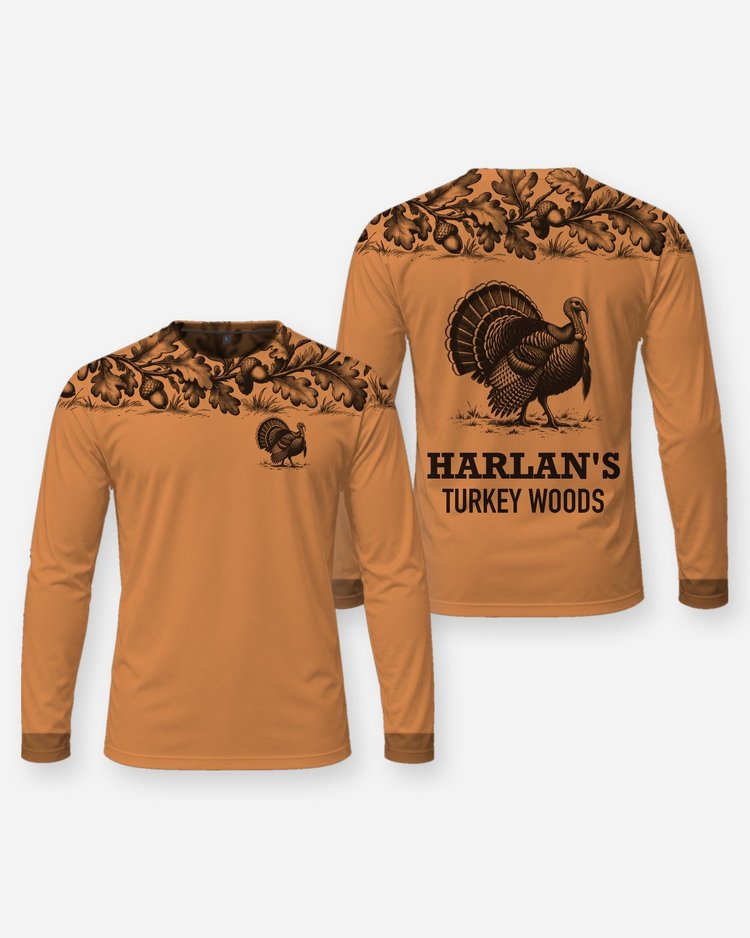 Custom Name Turkey Woods Oak Leaf Yoke Turkey Hunting Shirt - Long Sleeve