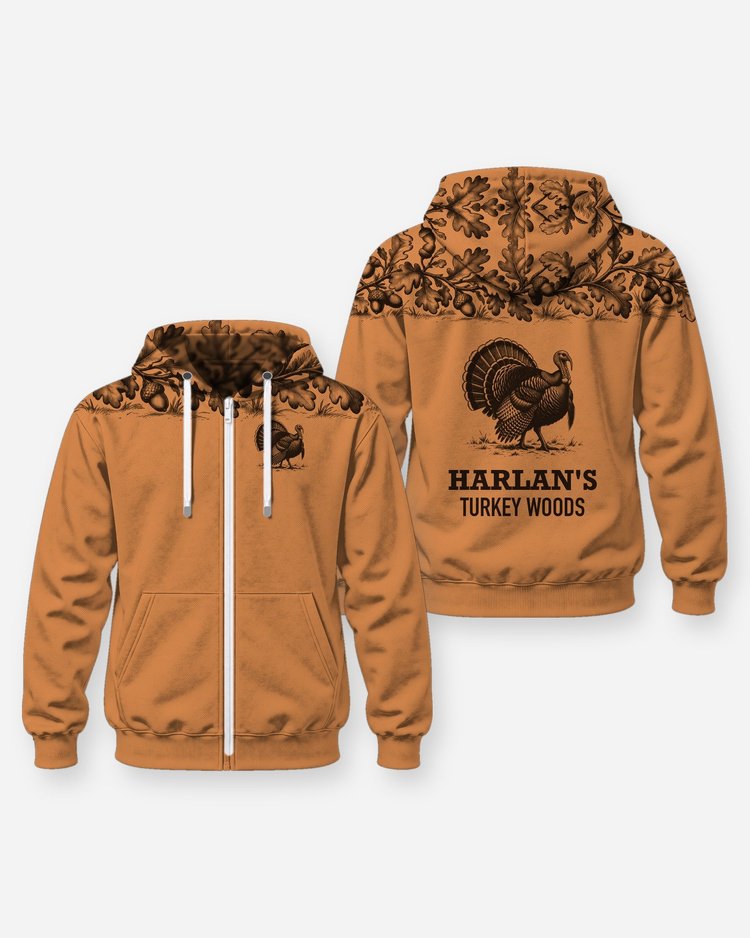 Custom Name Turkey Woods Oak Leaf Yoke Turkey Hunting Shirt - Zip Hoodie