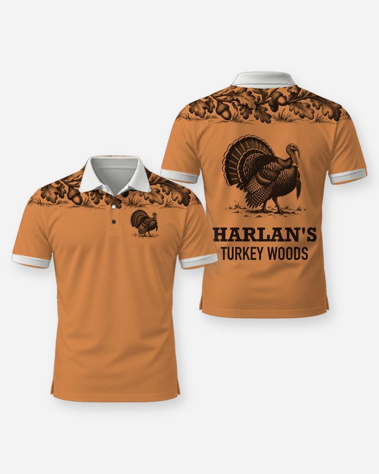 Custom Name Turkey Woods Oak Leaf Yoke Turkey Hunting Shirt - Polo