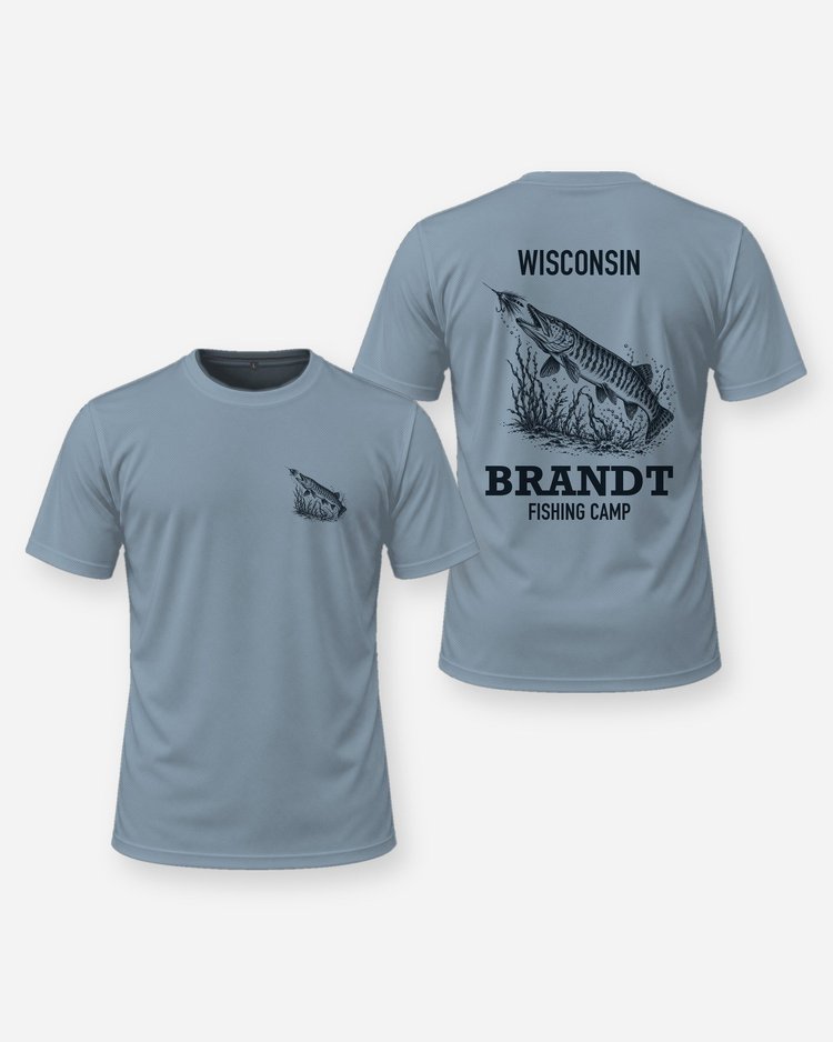 Wisconsin Custom Name Fishing Camp Muskie Woodcut Shirt - front and back