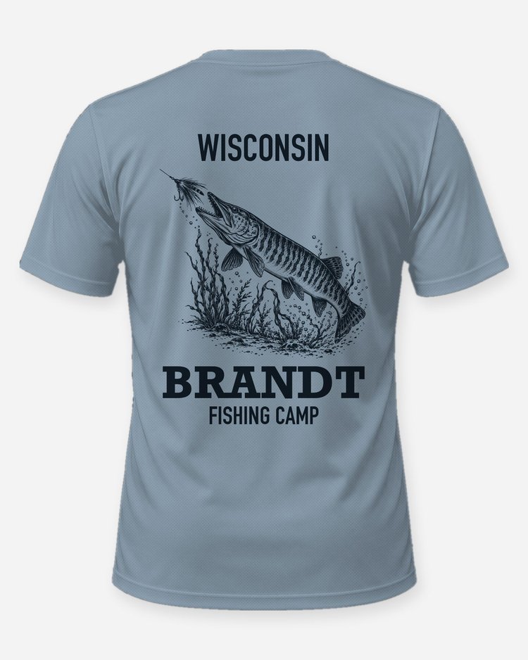 Wisconsin Custom Name Fishing Camp Muskie Woodcut Shirt - back