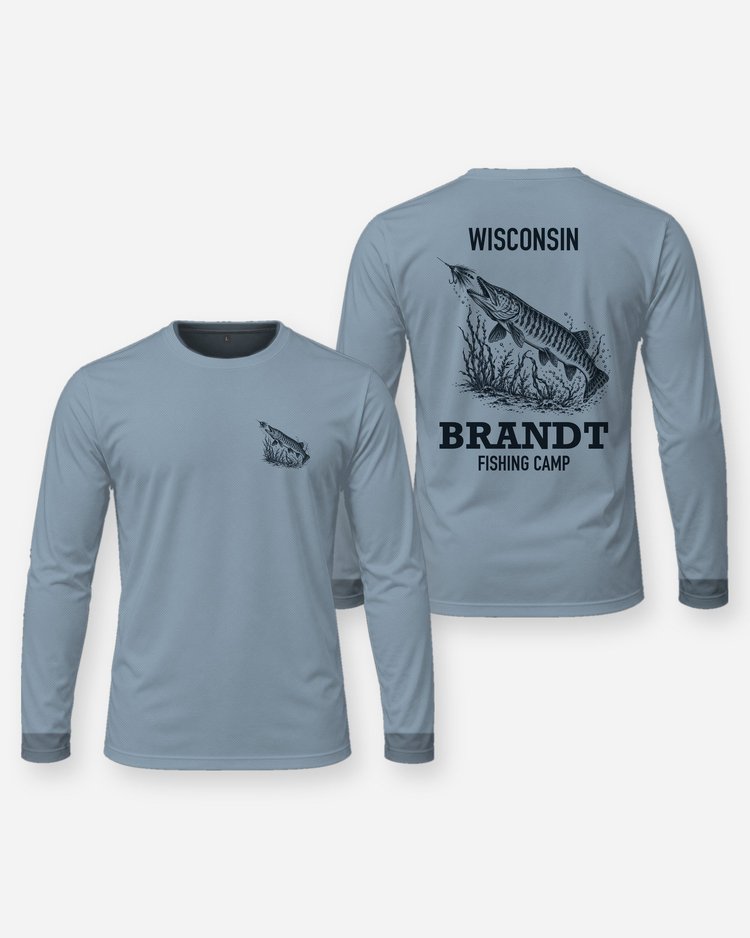 Wisconsin Custom Name Fishing Camp Muskie Woodcut Shirt - Long Sleeve