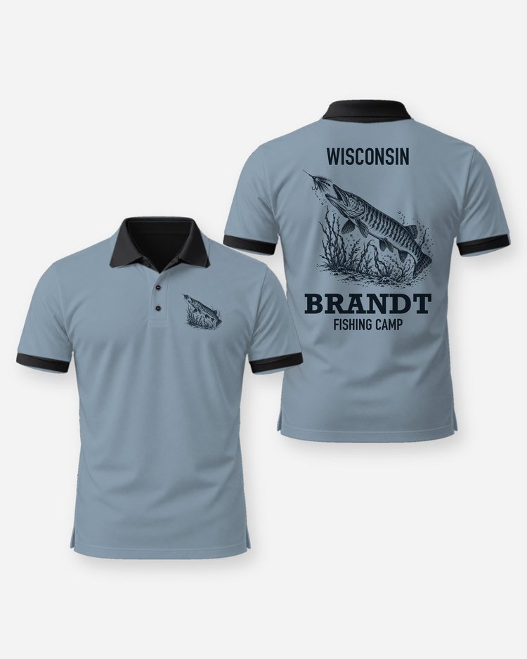 Wisconsin Custom Name Fishing Camp Muskie Woodcut Shirt - Polo