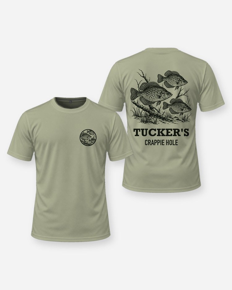 Custom Name Crappie Hole School Of Fish Woodcut Shirt - front and back
