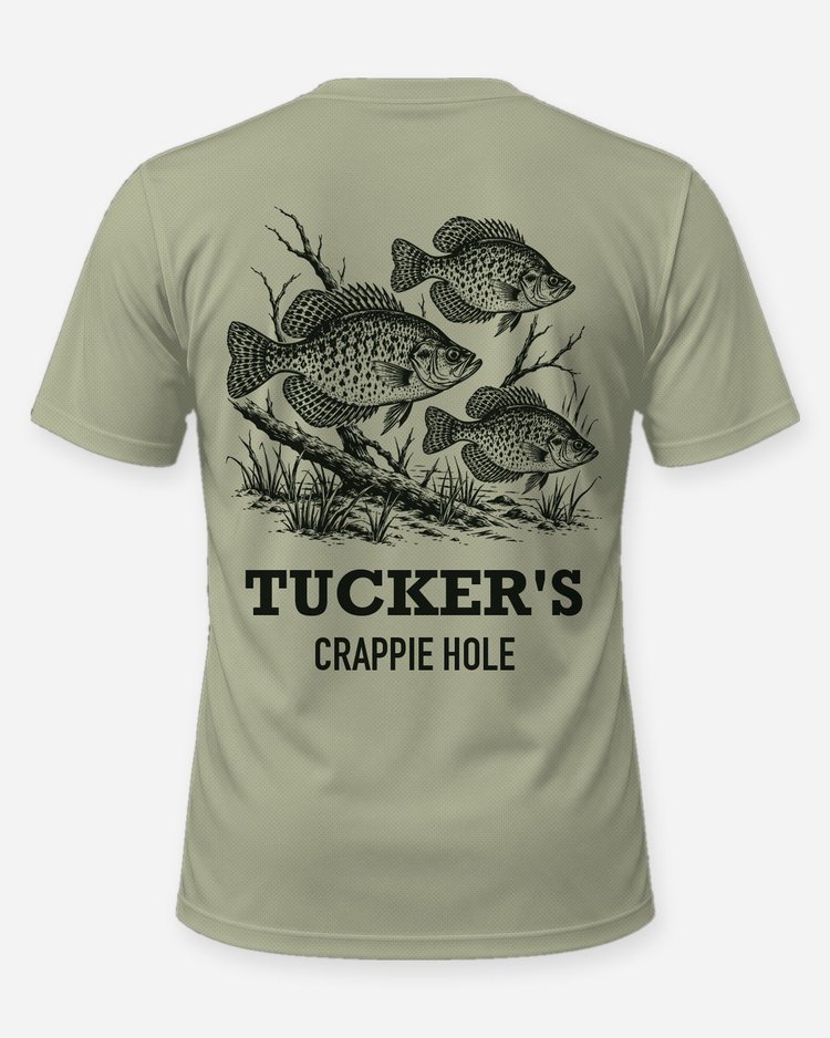 Custom Name Crappie Hole School Of Fish Woodcut Shirt - back