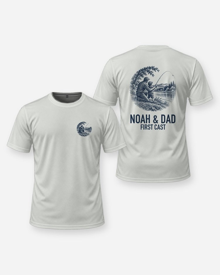 Custom Kid Name And Dad First Cast Fishing Shirt - front and back
