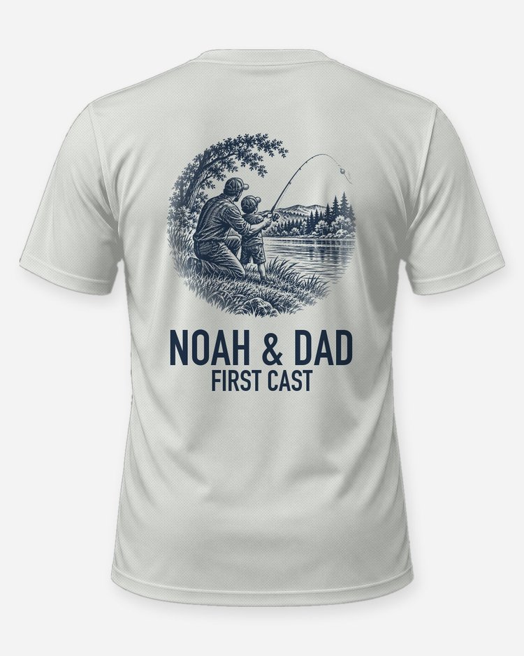 Custom Kid Name And Dad First Cast Fishing Shirt - back