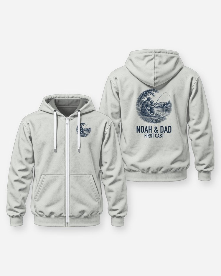 Custom Kid Name And Dad First Cast Fishing Shirt - Zip Hoodie