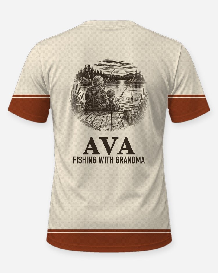 Custom Grandkid Name Fishing With Grandma Dock Shirt - back